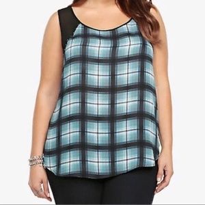 Torrid | Bluegreen and Black Plaid Studded Scoop Neck Top | Size 2